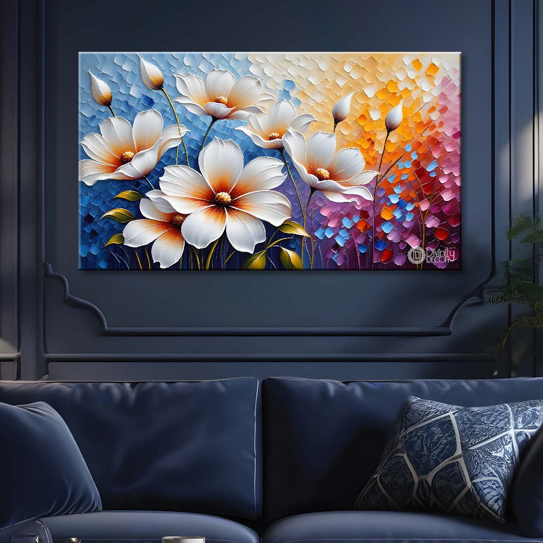 White flowers with the colorful background painting- Design - Flower-140