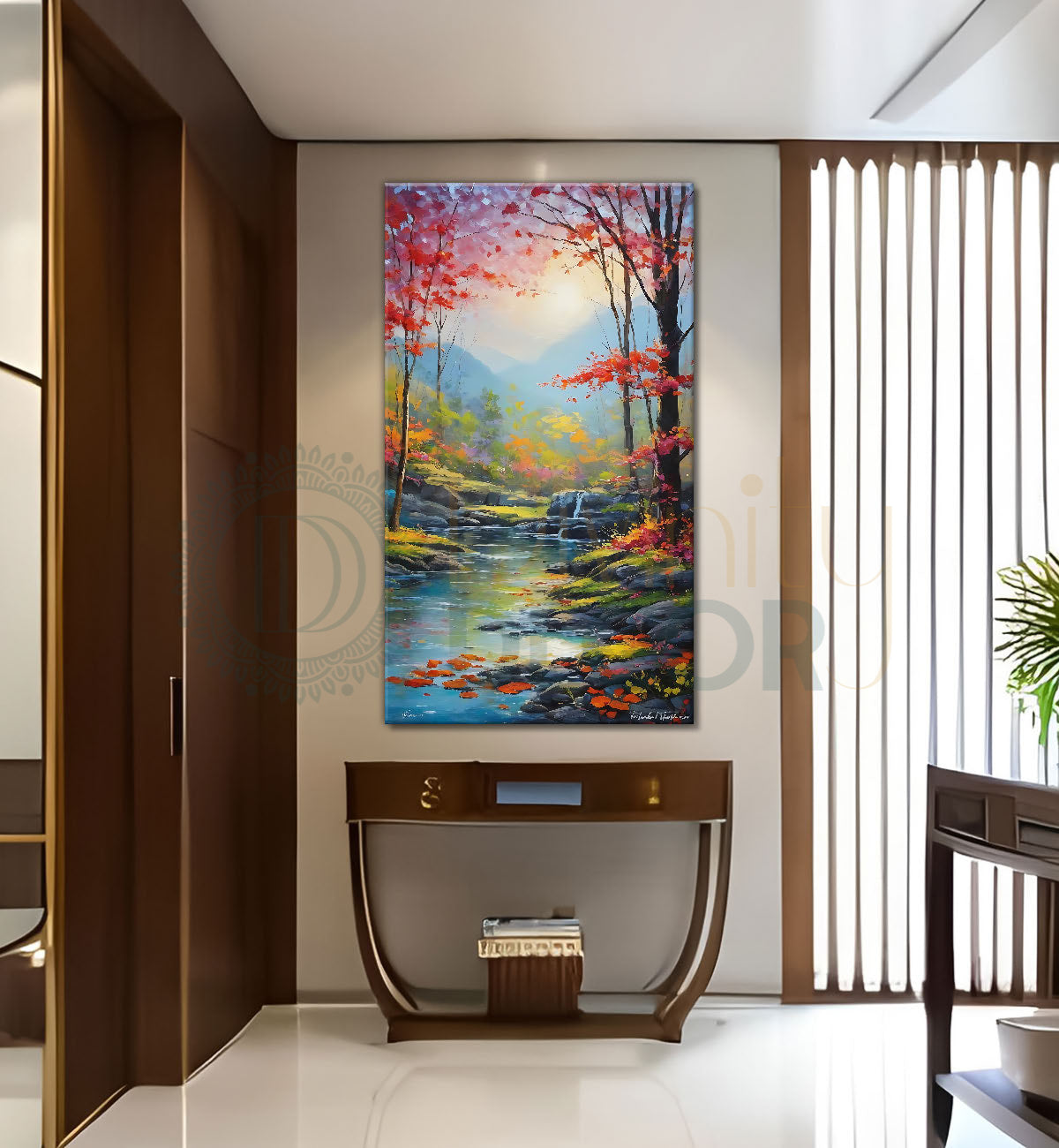 Pink trees with lake and some greenery and flowers in water colour painting Canvas Painting - Nature Art -V-140