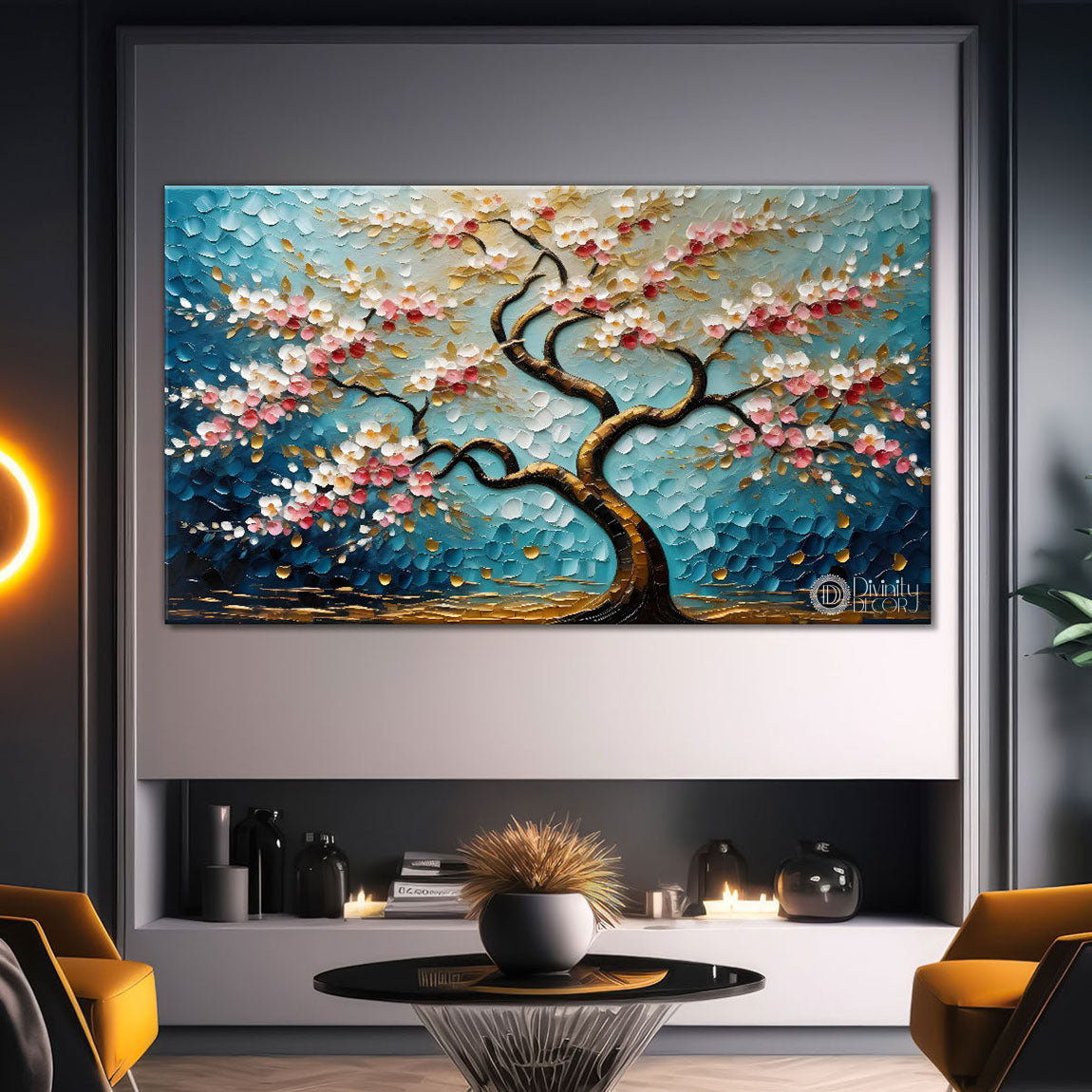 White flower tree in textured background oil painting- Design - Tree-140