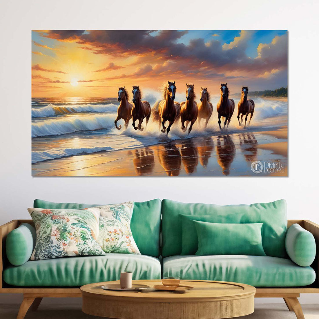 Brown horses running on the water with sunrise textured background art Canvas Painting - Design - Horse-140