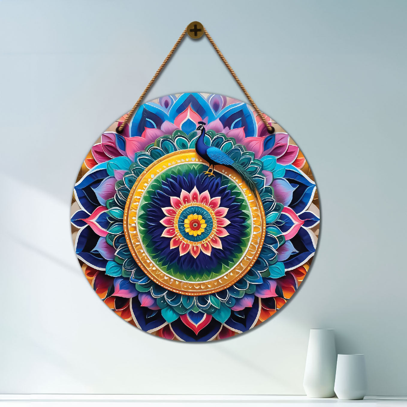 Peacock in blue and pink mandala Round Wooden Wall Hanging for wall Décor - Design - 140