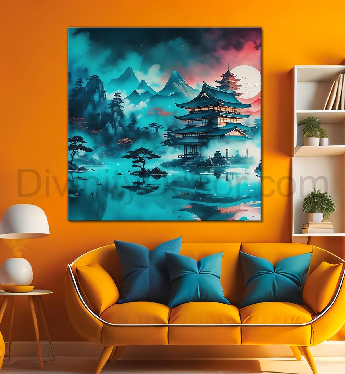 Mountains with aqua water colour painting  24X24 - Nature Art -S-140