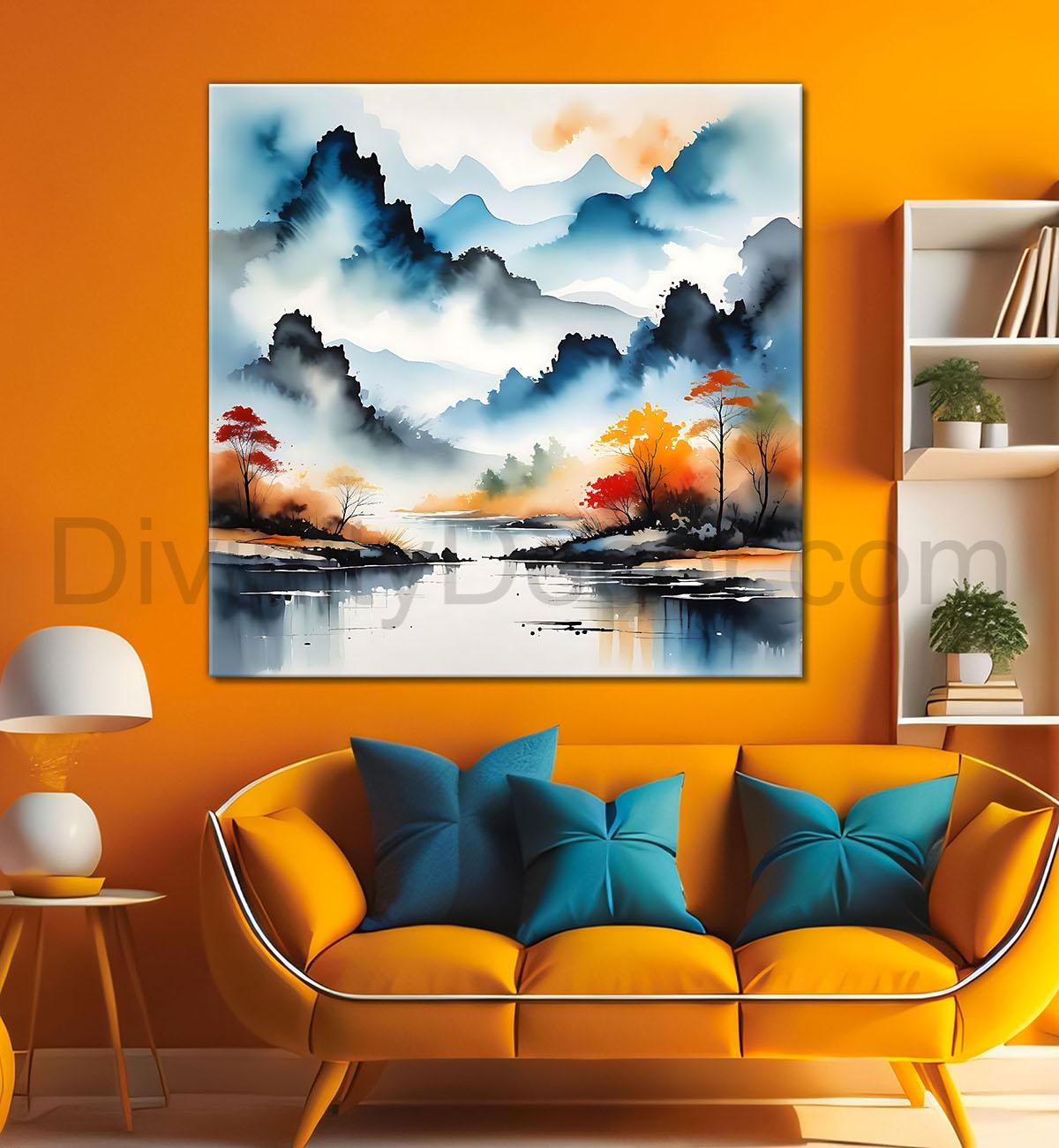 Mountains and river in water colour painting 24X24 - Nature Art -S-141