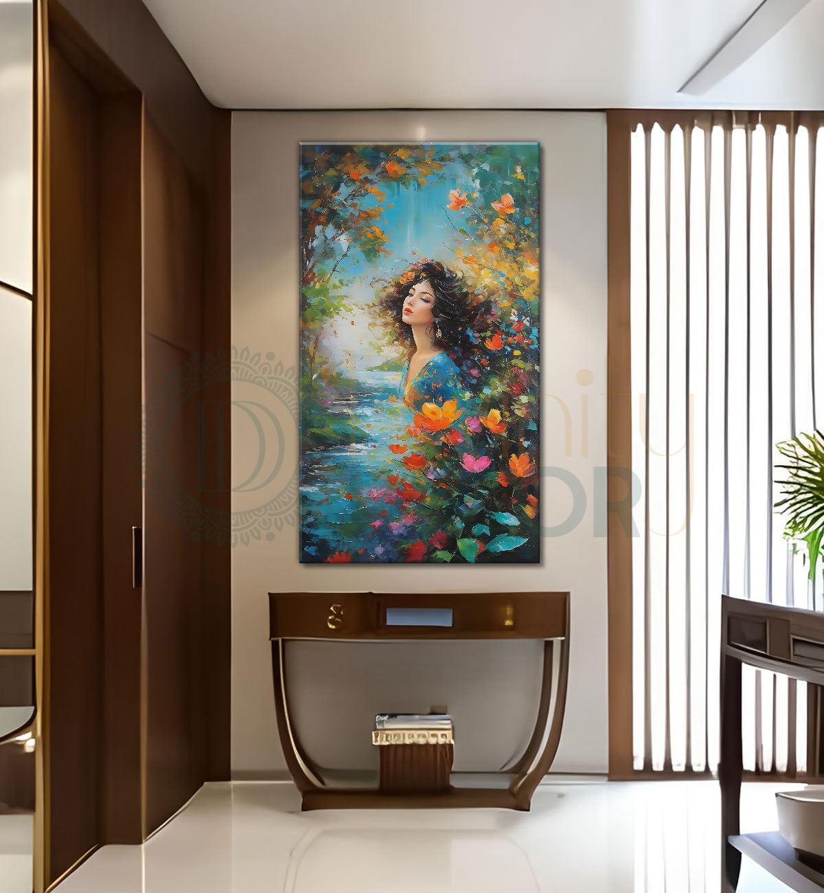 Beautiful girl in colourufl trees in textured water colour painting  Canvas Painting - Nature Art -V-141