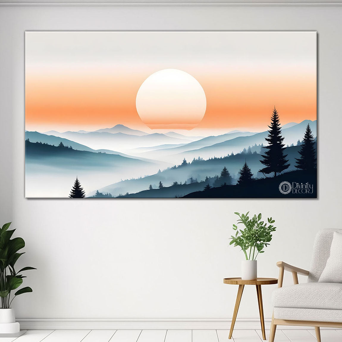 Mountains with trees and river in sunset in textured water color painting Canvas Painting - Nature Art -141