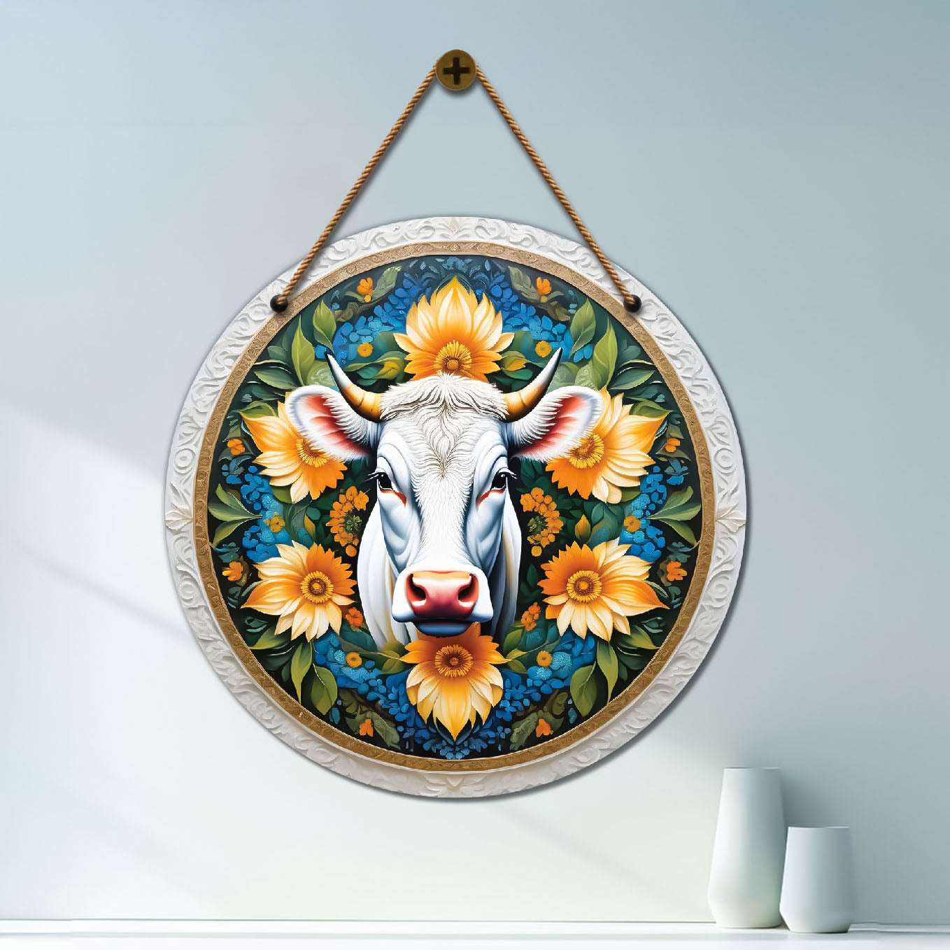 Cow in green and yellow mandala Round Wooden Wall Hanging for wall Décor - Design - 141