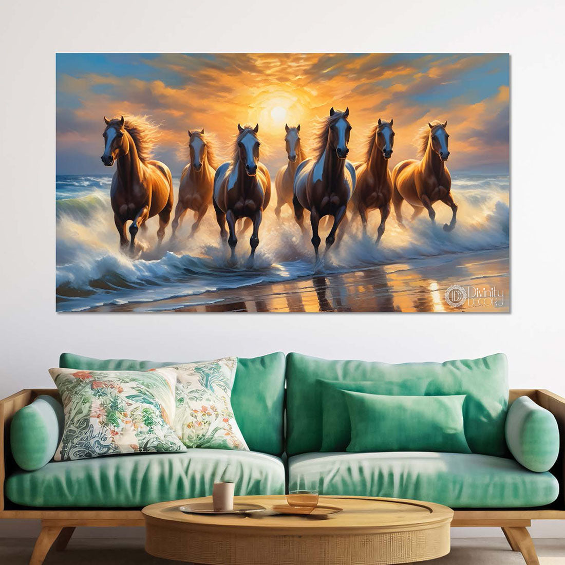 Brown horses running on the water with sunrise textured background art Canvas Painting - Design - Horse-141
