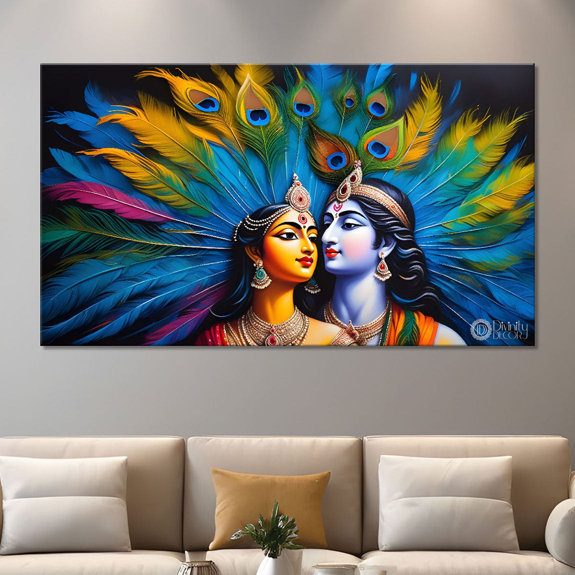 Blue face of Krishna and Radha with colorful feathers background painting Canvas Painting - Design - Krishna-141