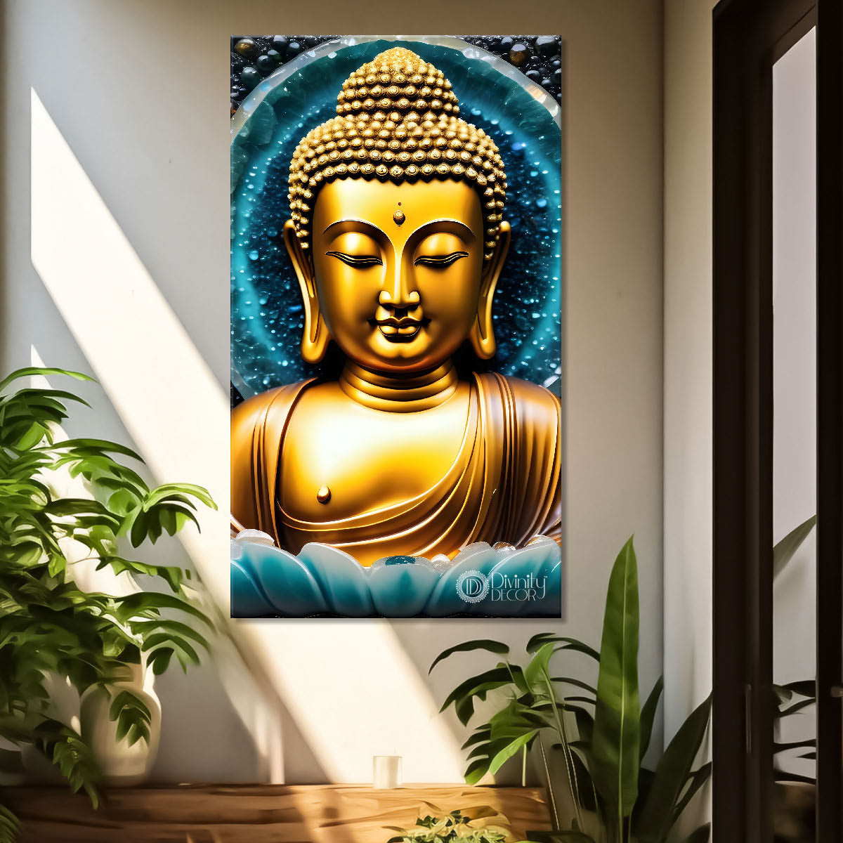 Golden textured buddha with blue background  - Buddha-V-141