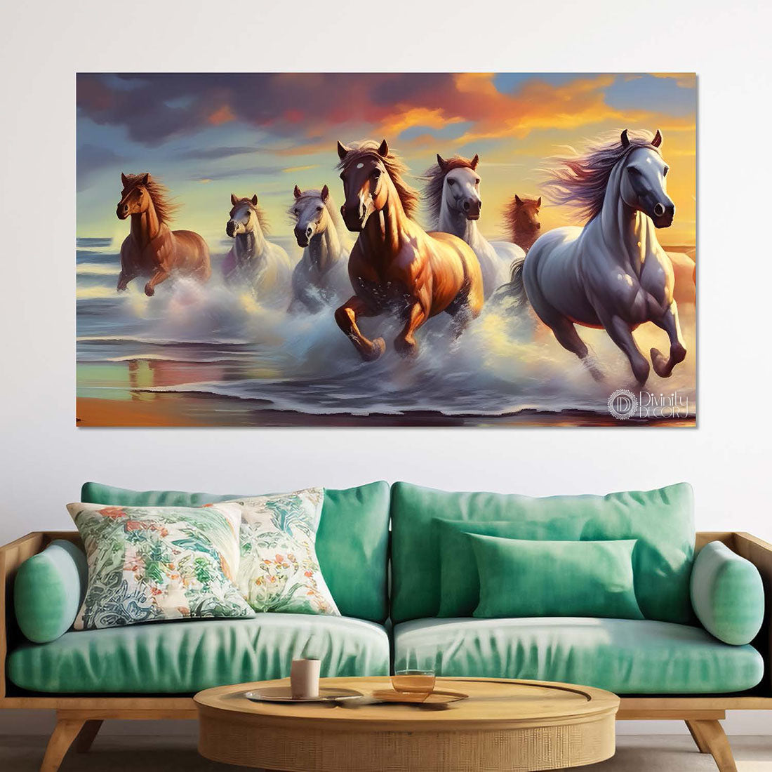 Brown and white horses running on the water with cloudy and yellow textured background art Canvas Painting - Design - Horse-142