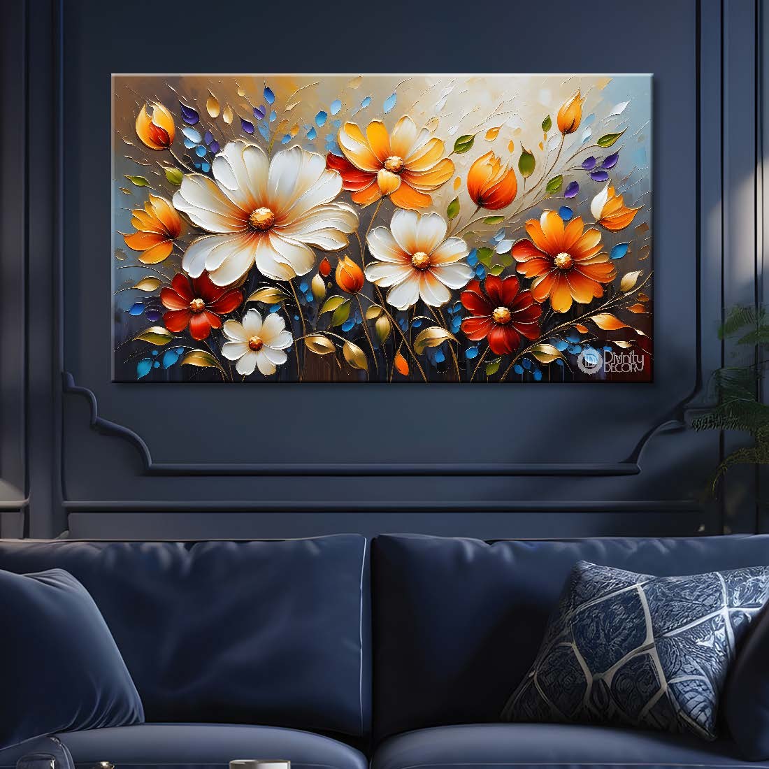 Colorful flowers with grey textured background painting- Design - Flower-142