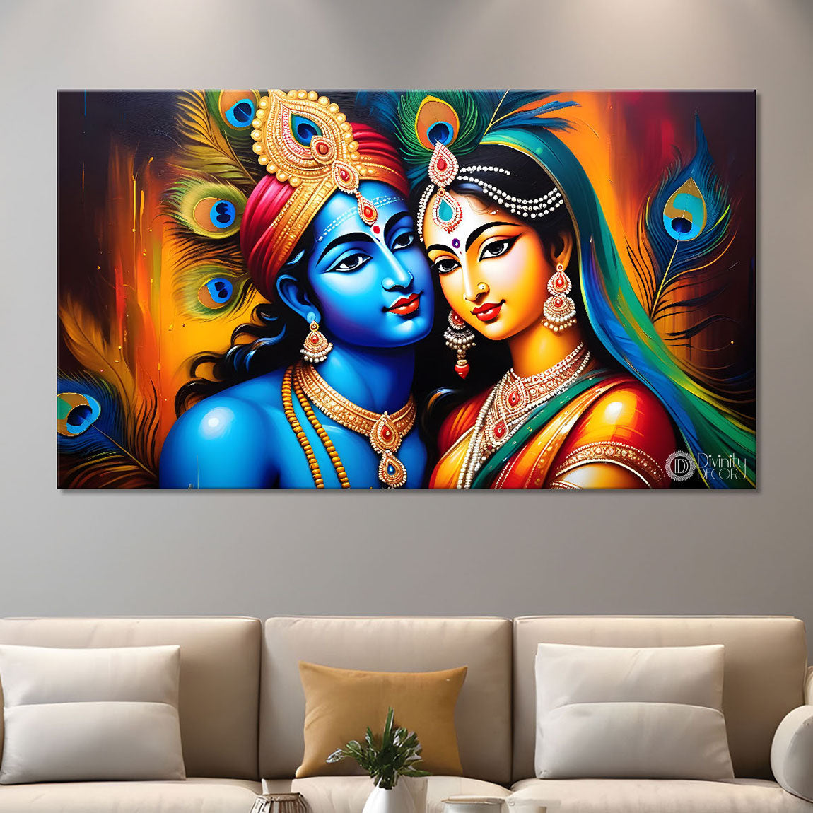 Blue face of Krishna and Radha with yellow background painting Canvas Painting - Design - Krishna-142