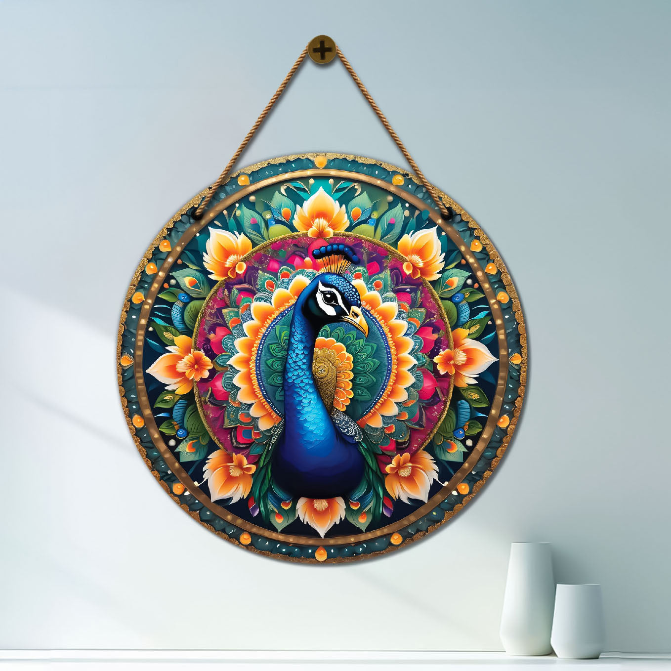Peacock in green and yellow mandala Round Wooden Wall Hanging for wall Décor - Design - 142