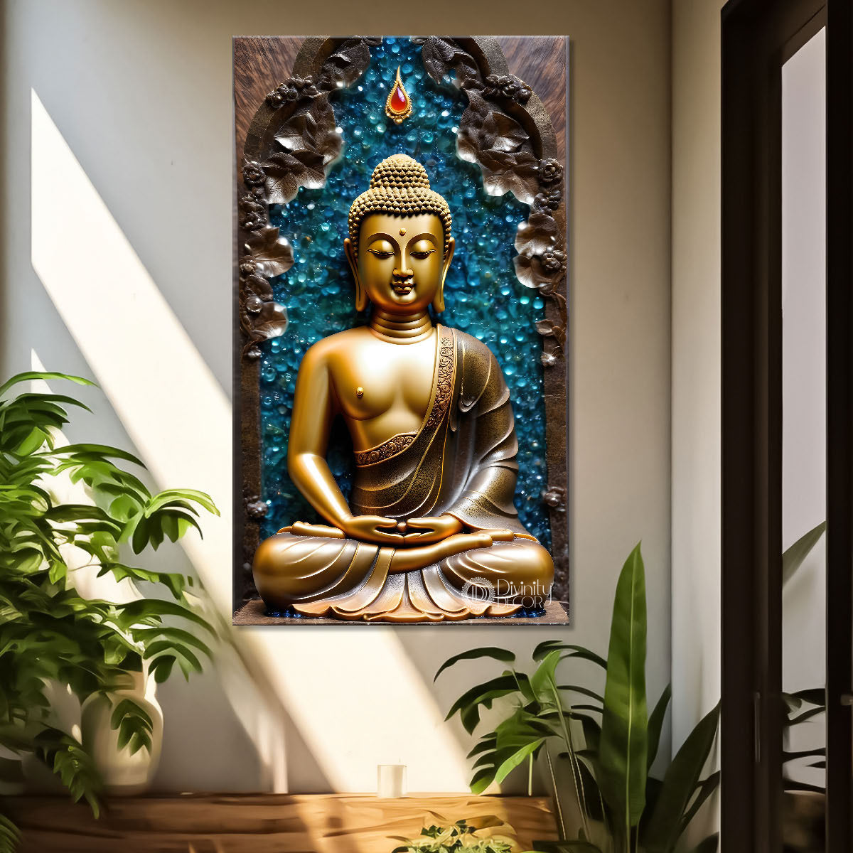 Golden textured buddha with blue background - Buddha-V-142