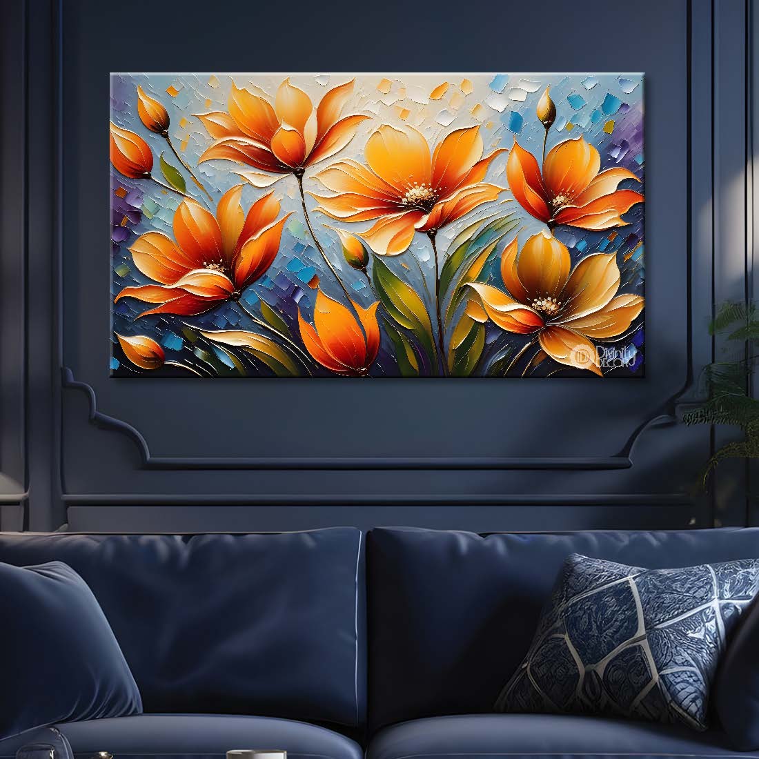 Orange flowers with blue background painting- Design - Flower-143