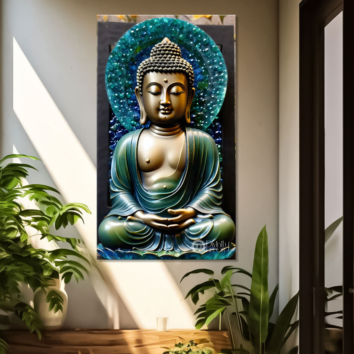 Golden buddha with blue chakra background painting - Buddha-V-143