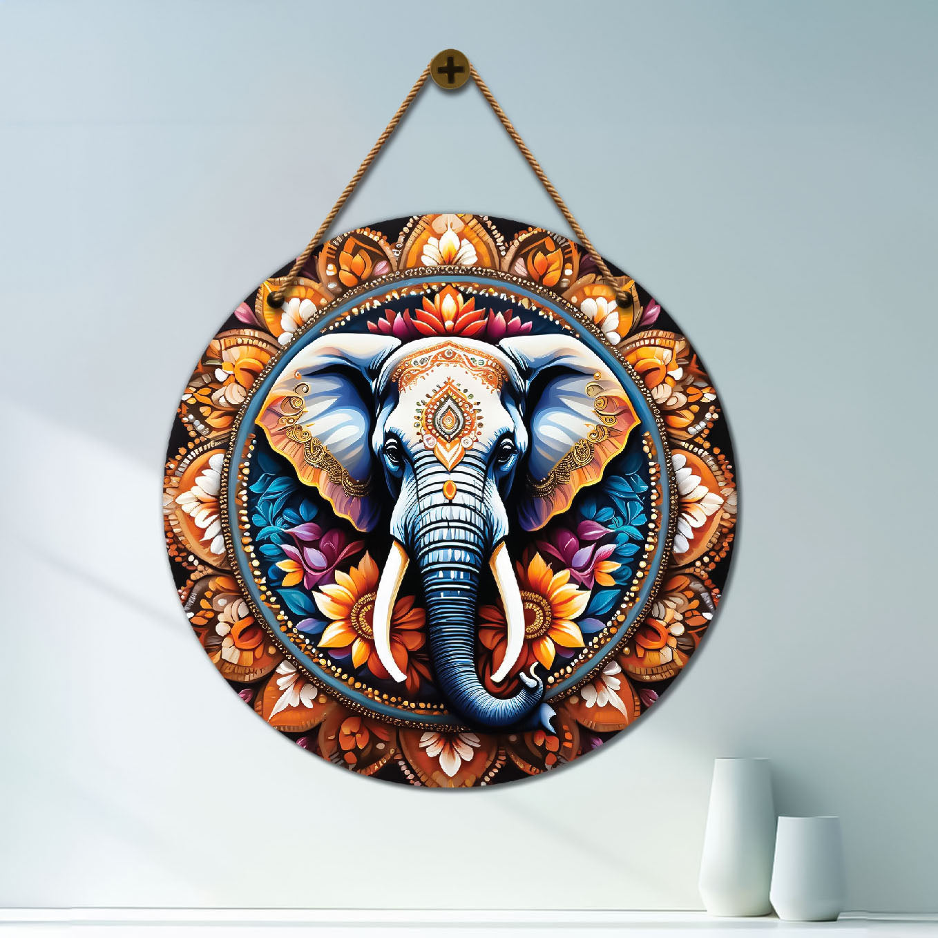 Elephant in blue and yellow mandala Round Wooden Wall Hanging for wall Décor - Design - 143