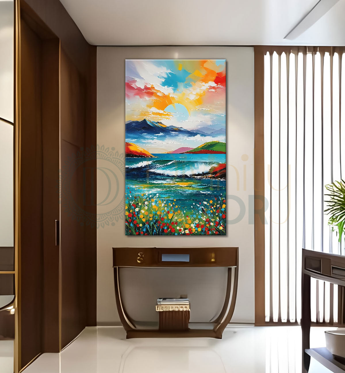 Colourful sky with mountains and lake in textured natural art Canvas Painting - Nature Art -V-143