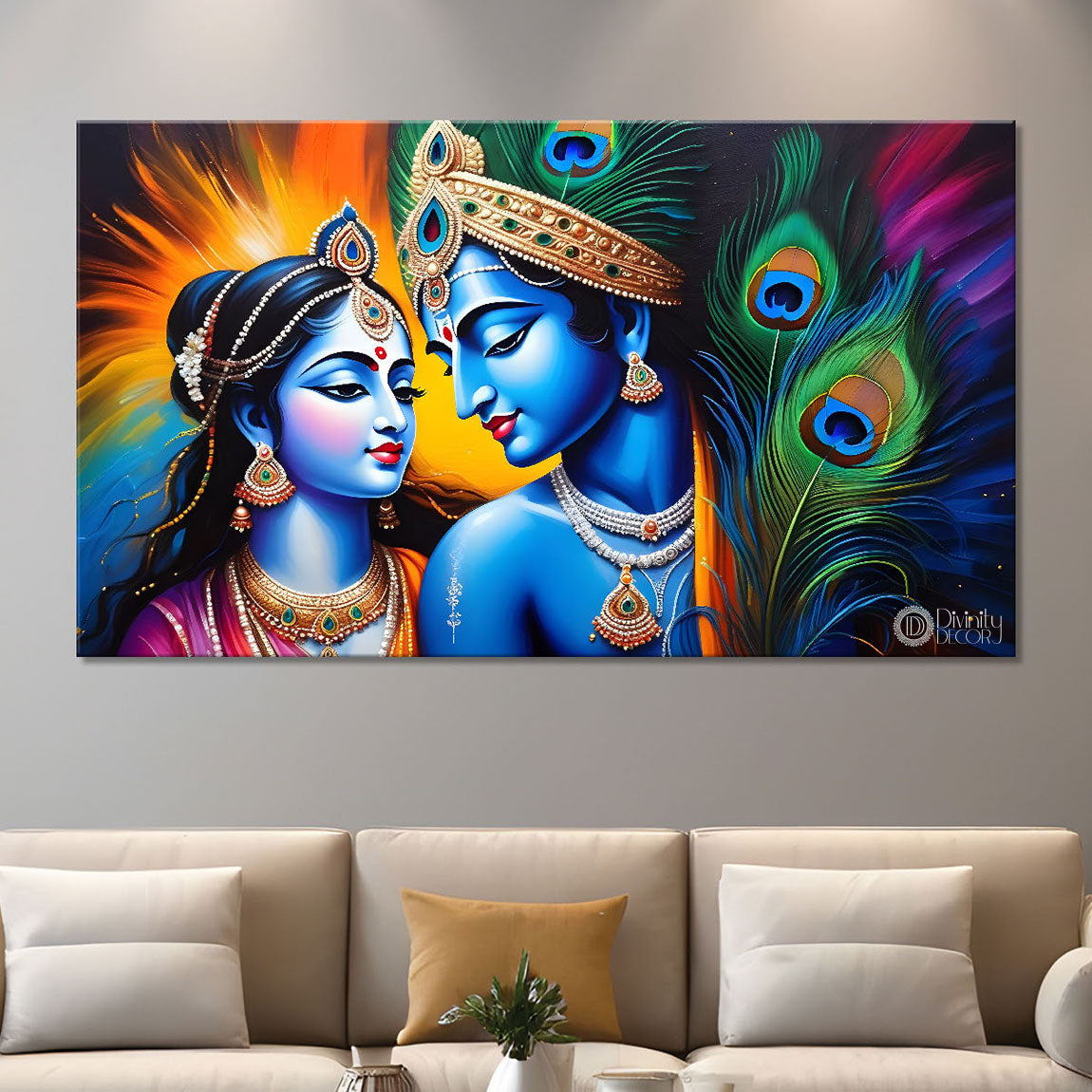 Blue face of Krishna and Radha with yellow and peacock feather background painting Canvas Painting - Design - Krishna-143