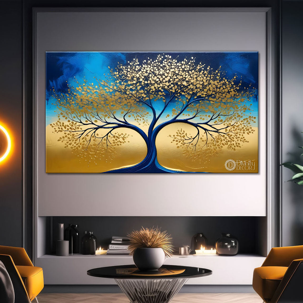 Golden tree in dark blue textured background modern art- Design - Tree-143