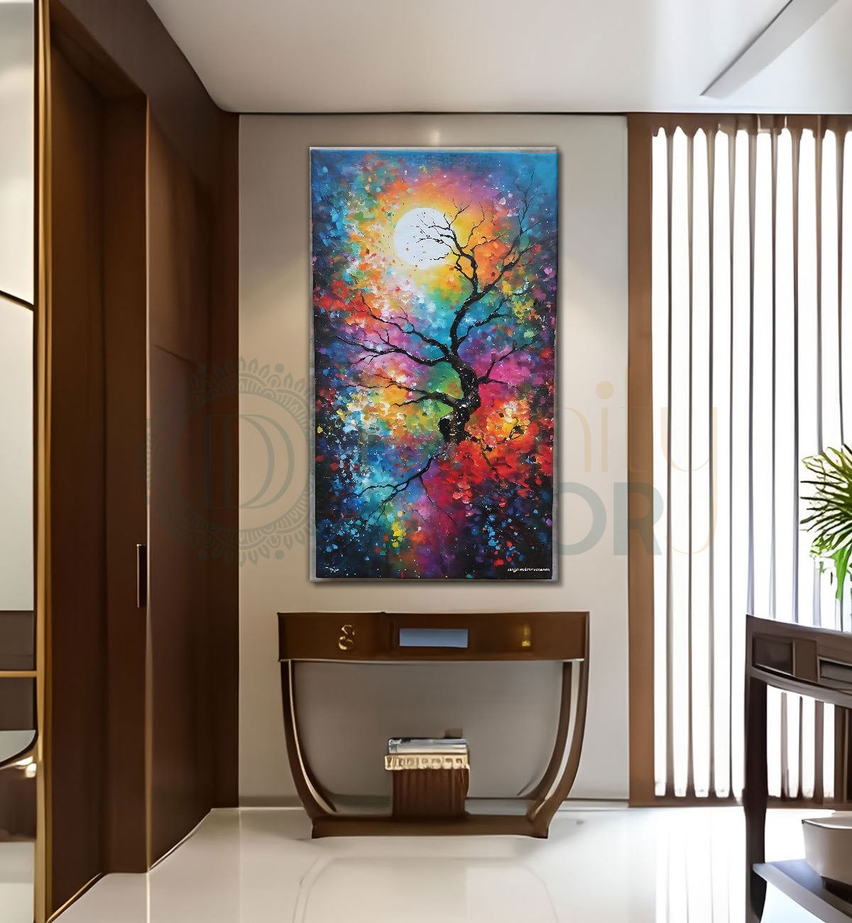 Branch with colourful leaves with sun in textured natural art Canvas Painting - Nature Art -V-144