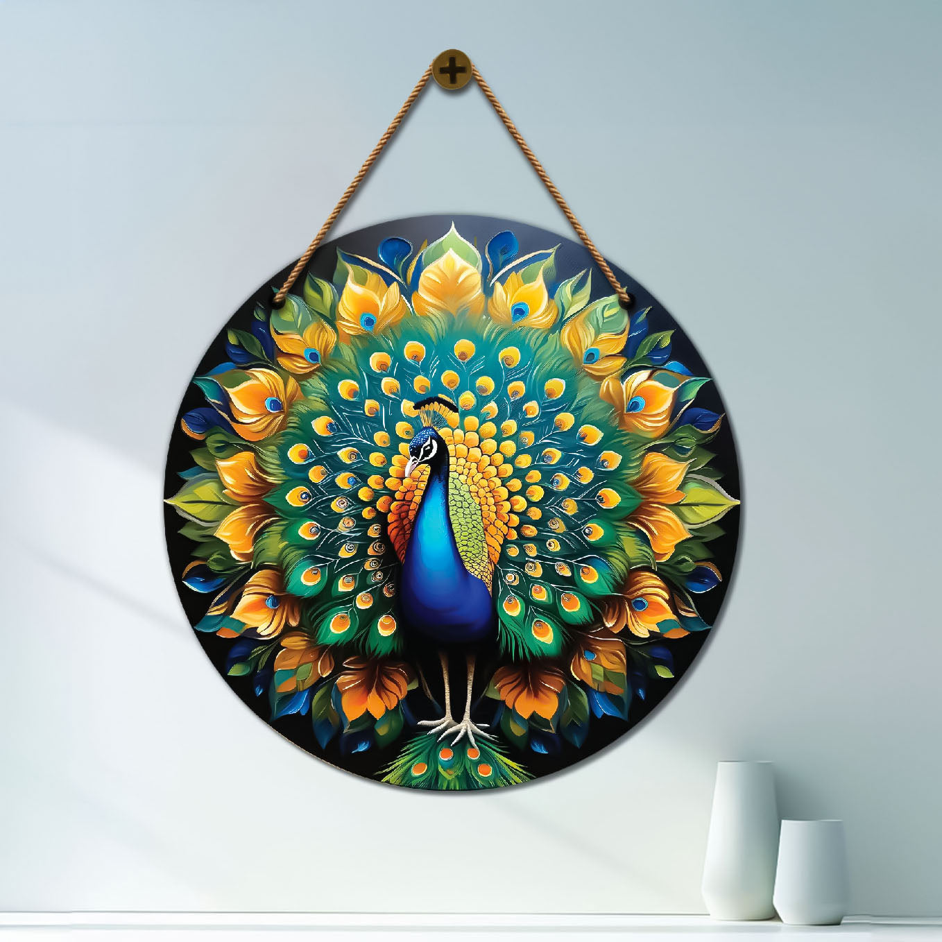Peacock in green and yellow mandala Round Wooden Wall Hanging for wall Décor - Design - 144