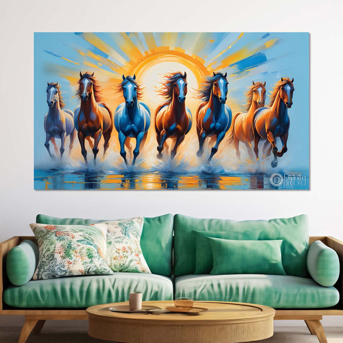 Brown horses running on the water with sunrise textured background art Canvas Painting - Design - Horse-144