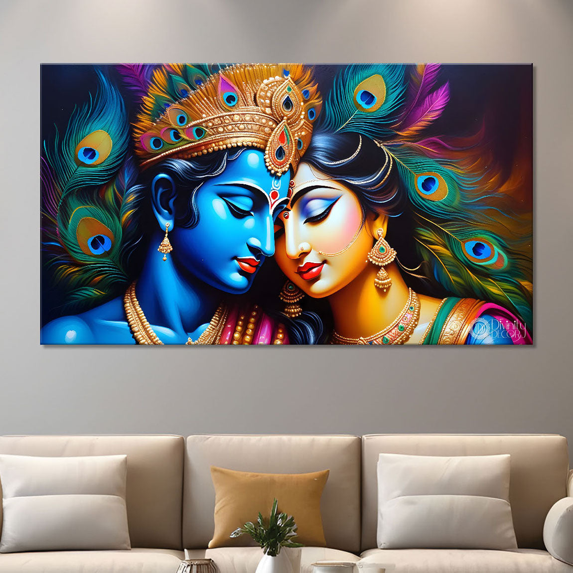 Blue face of Krishna and Radha with yellow and peacock feather background painting Canvas Painting - Design - Krishna-144