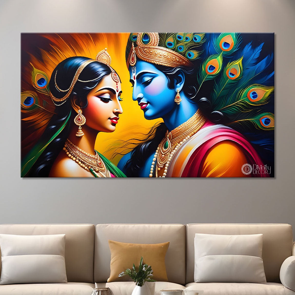 Blue face of Krishna and Radha with yellow and peacock feather background painting Canvas Painting - Design - Krishna-145