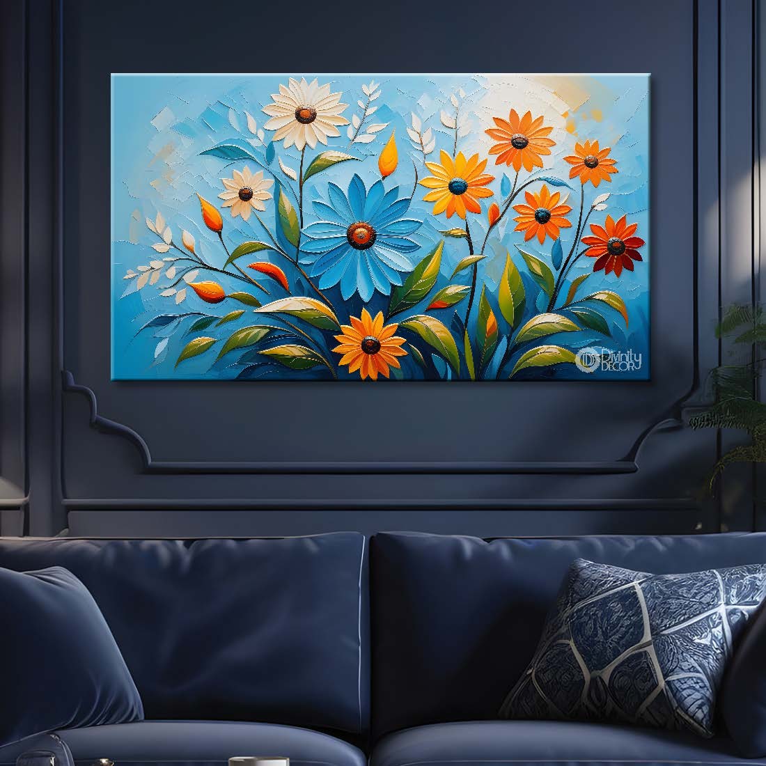 White and yellow  flowers with blue background painting- Design - Flower-145