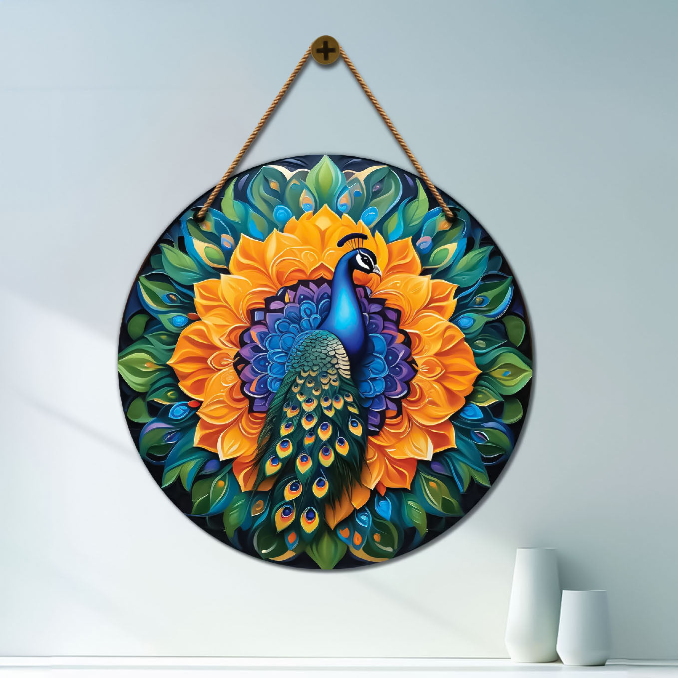 Peacock in green and orange mandala Round Wooden Wall Hanging for wall Décor - Design - 145