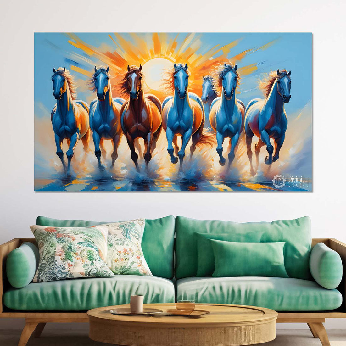 Brown horses running on the water with sunrise textured background art Canvas Painting - Design - Horse-145
