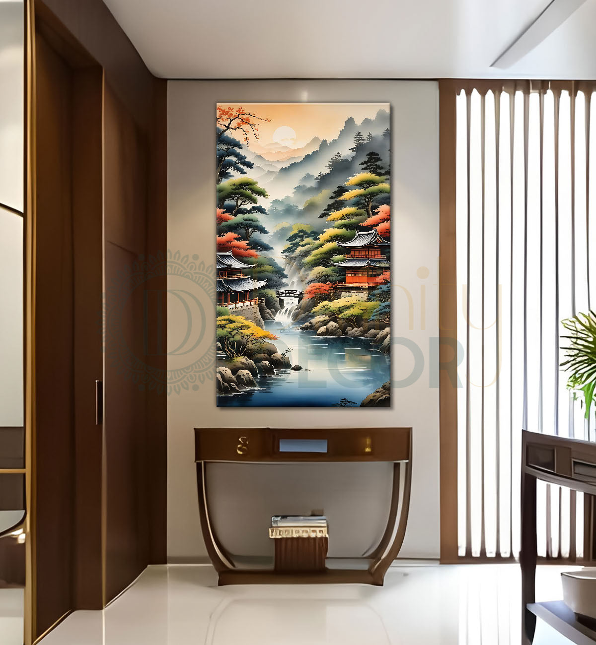 Mountains with lake and japenes houses in textured water colour painting Canvas Painting - Nature Art -V-145