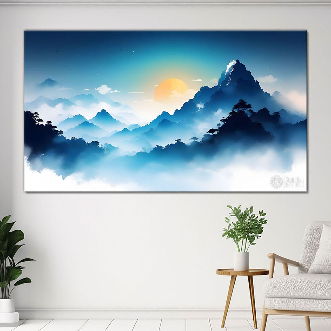 Mountains with clouds with sunset in textured water color painting Canvas Painting - Nature Art -145