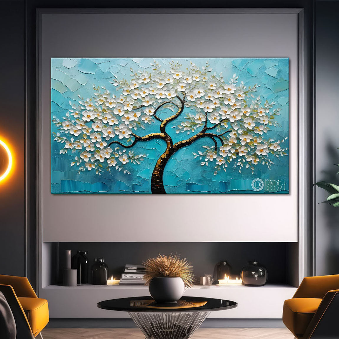 White flower tree in textured background oil painting- Design - Tree-146