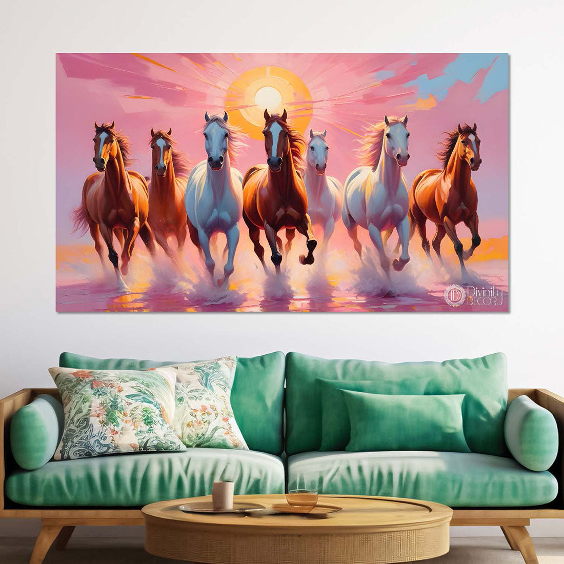 Brown and white horses running on the water with sunrise and pink textured background art Canvas Painting - Design - Horse-146