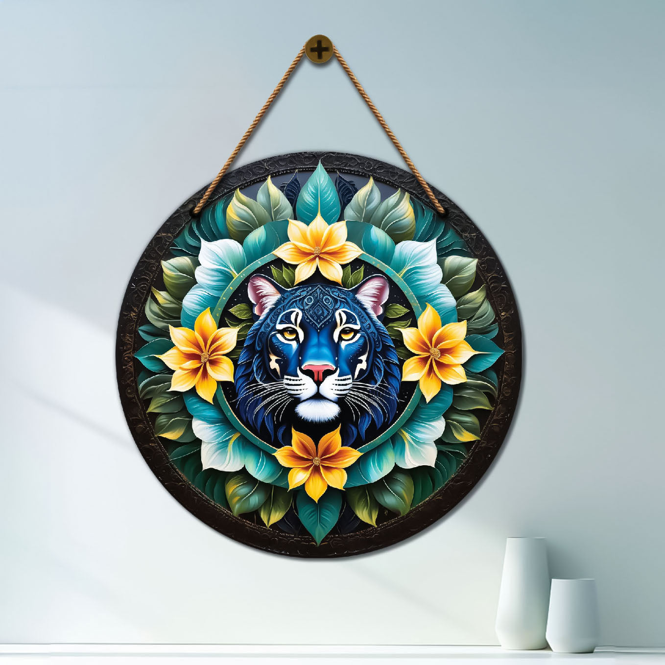 Tiger in green and floral mandala Round Wooden Wall Hanging for wall Décor - Design - 146
