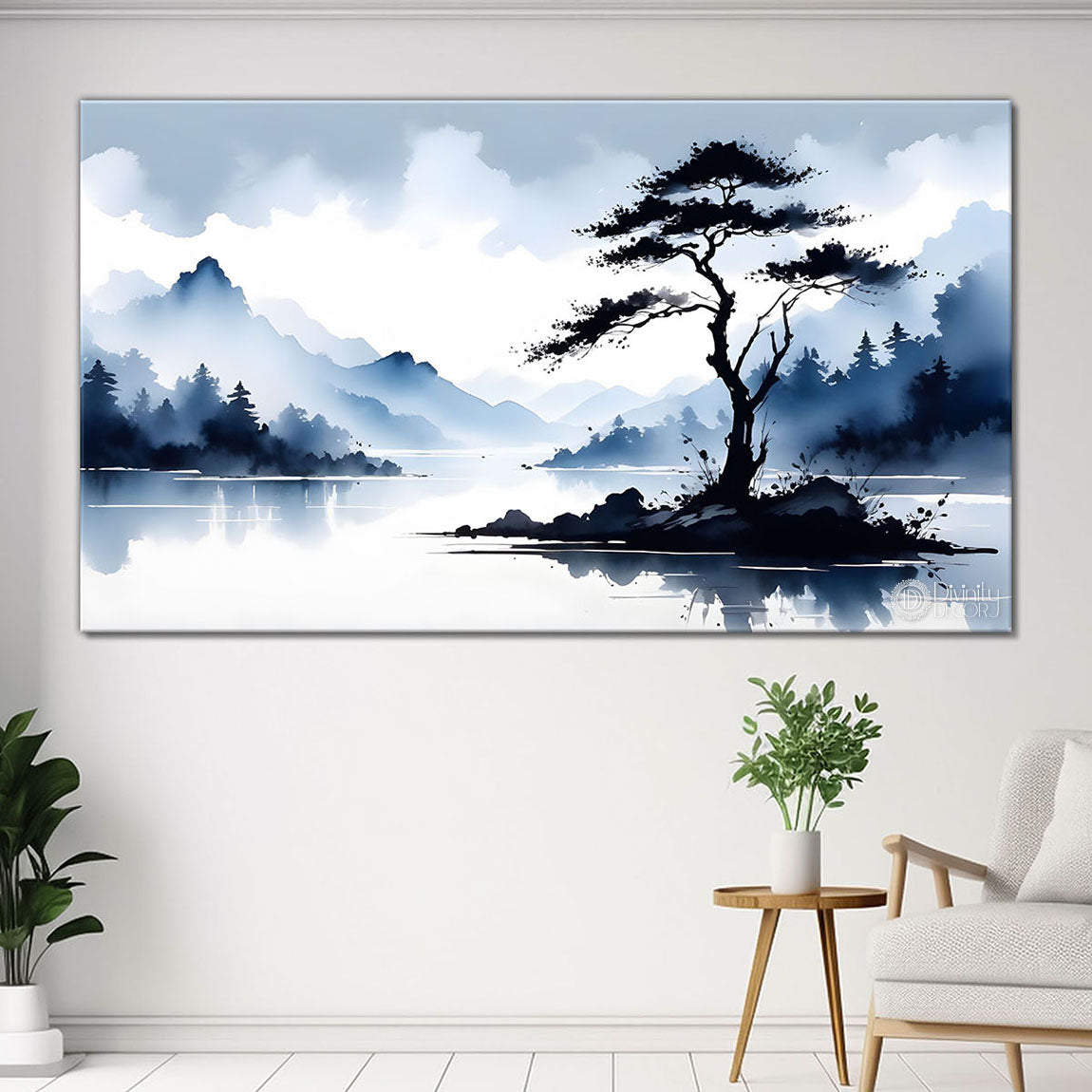 Mountains with clouds and tree in textured water color painting Canvas Painting - Nature Art -146