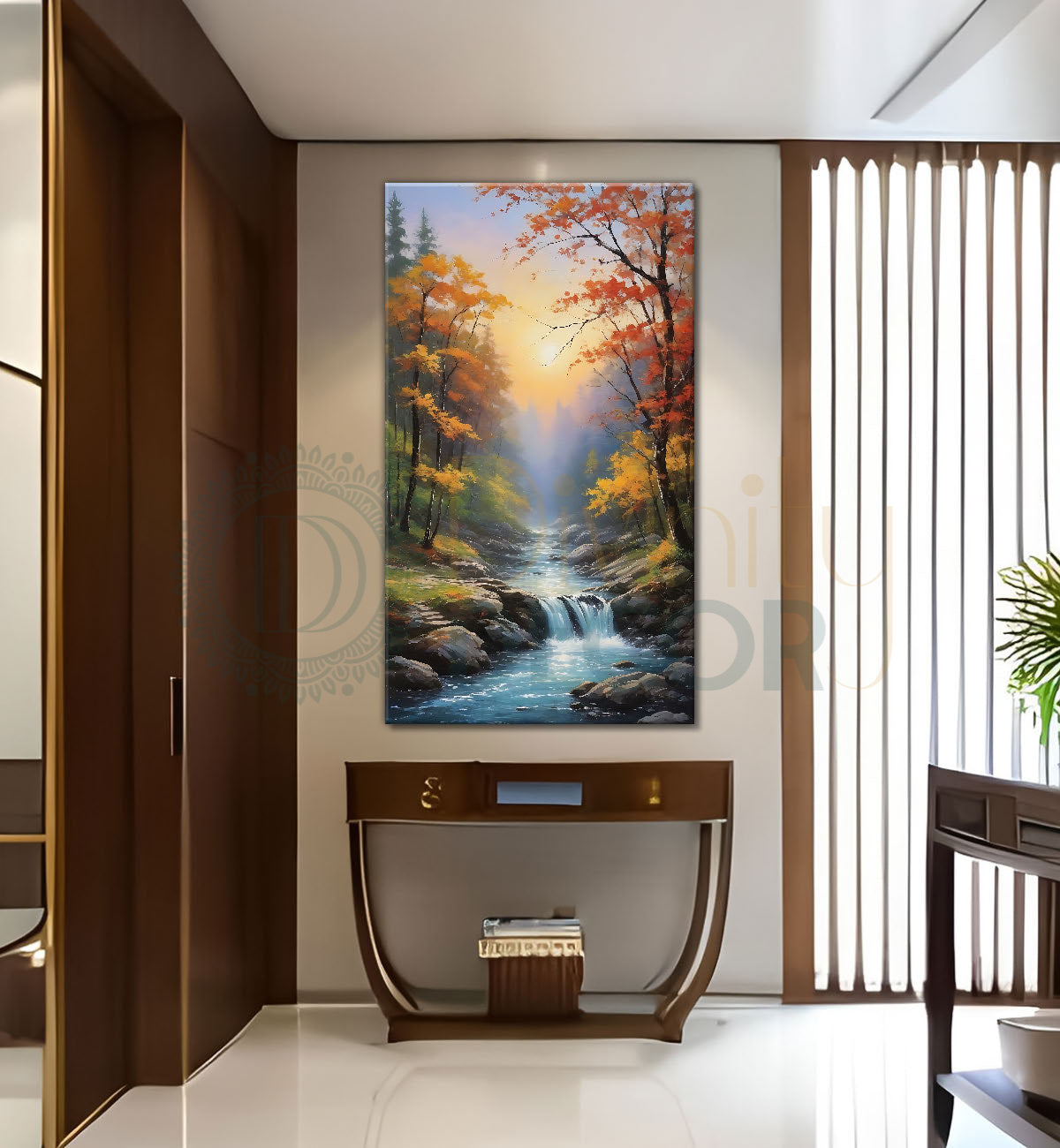 Trees with greenery and lake in textured water colour painting Canvas Painting - Nature Art -V-147