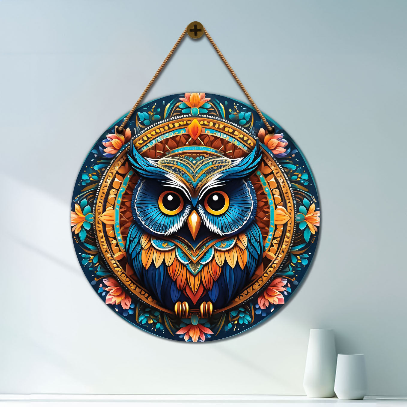 Owl in green and orange mandala Round Wooden Wall Hanging for wall Décor - Design - 147