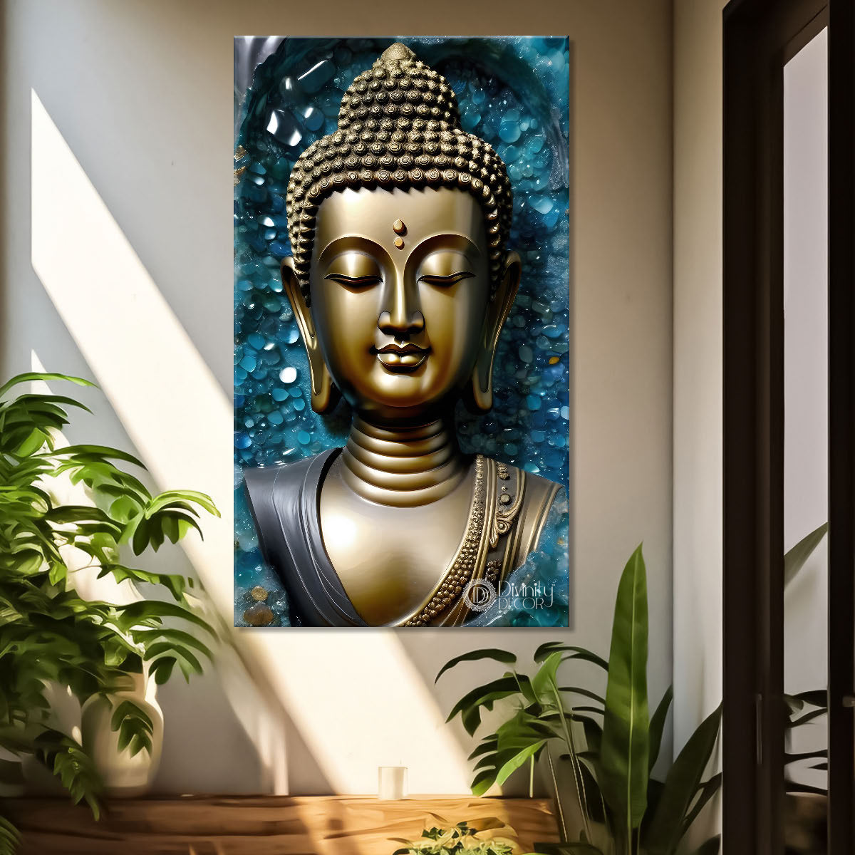 Golden buddha with blue background painting - Buddha-V-147