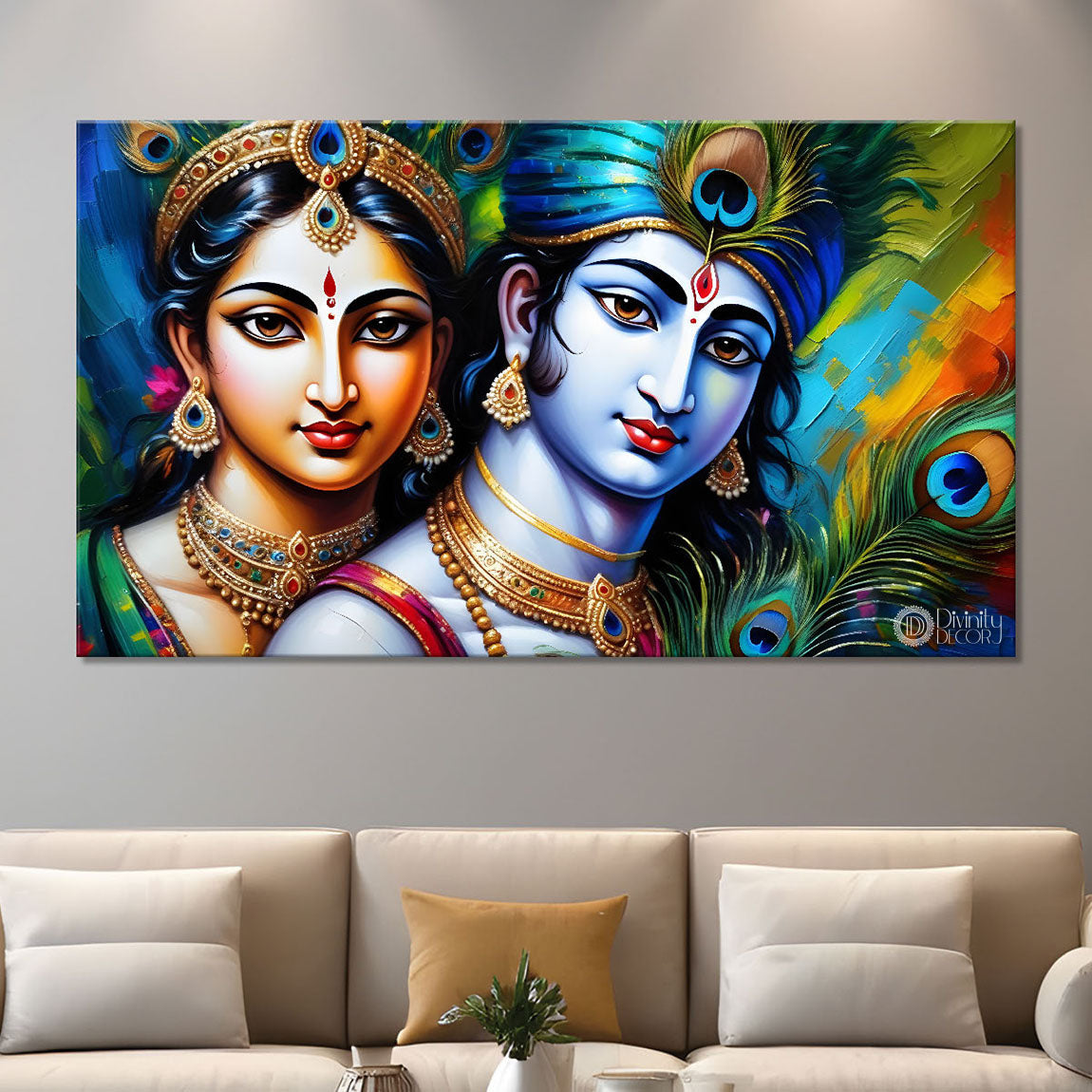 Blue face of Krishna and Radha with blue background painting Canvas Painting - Design - Krishna-147