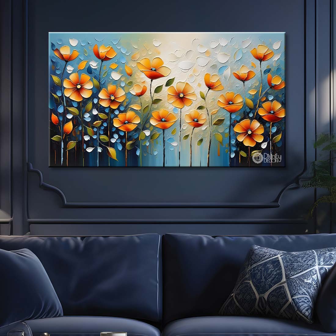 Yellow flowers with blue background- Design - Flower-147