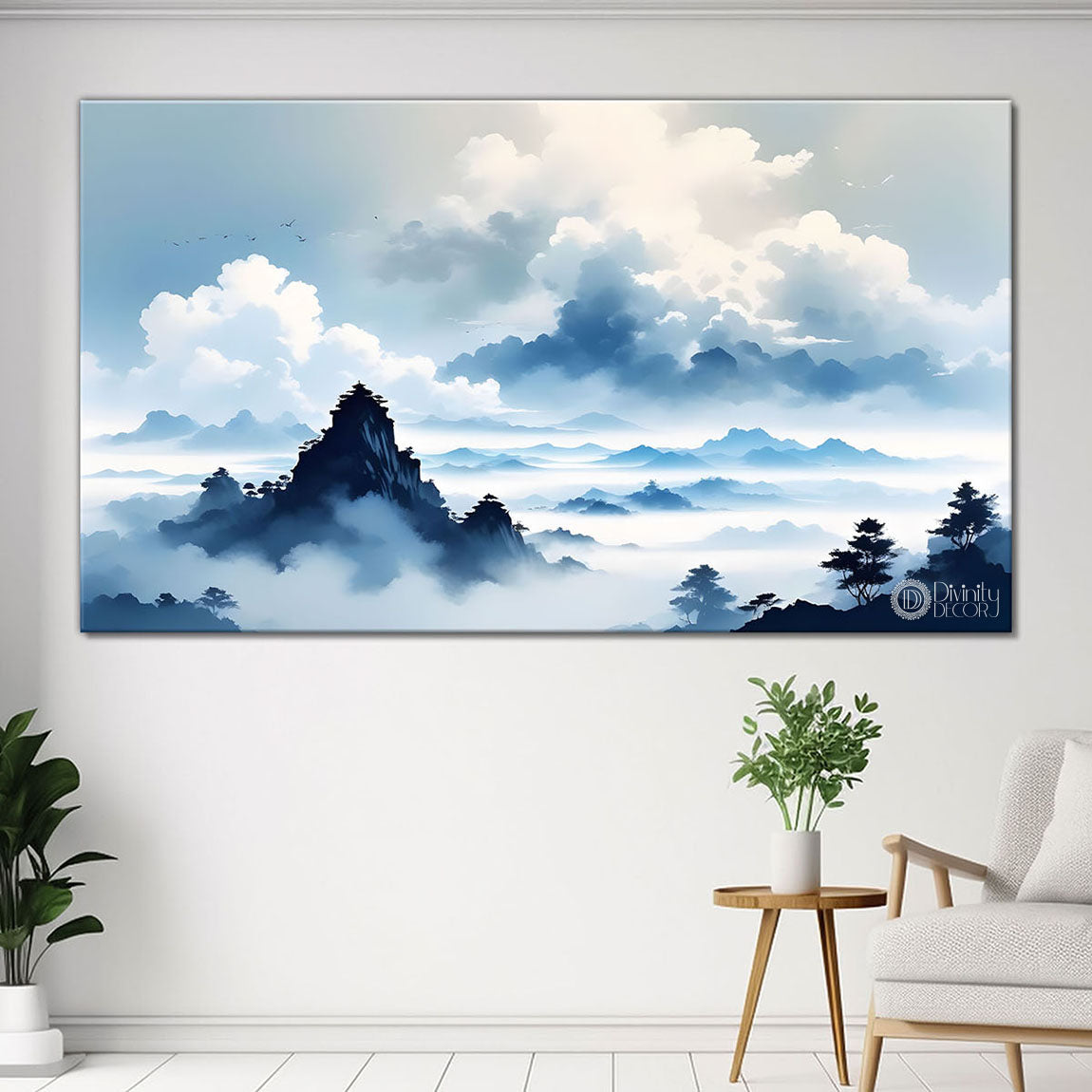 Mountains with clouds in textured painting Canvas Painting - Nature Art -147