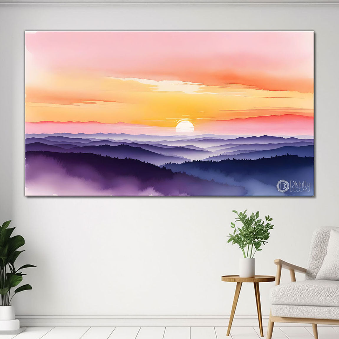 Mountains and sunset in textured water color painting Canvas Painting - Nature Art -148
