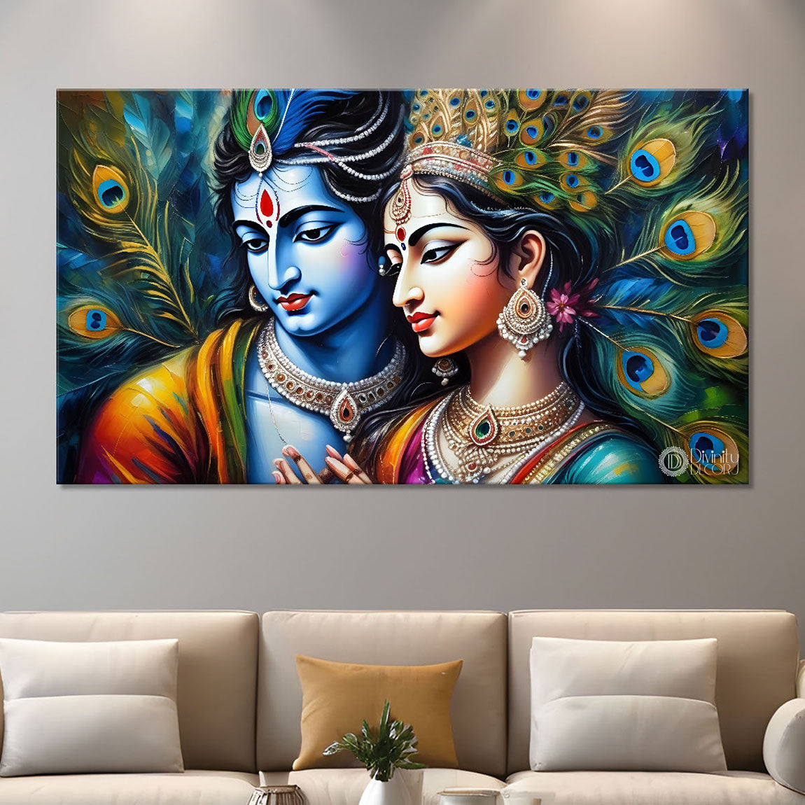 Blue face of Krishna and Radha with peacock feather background painting Canvas Painting - Design - Krishna-148