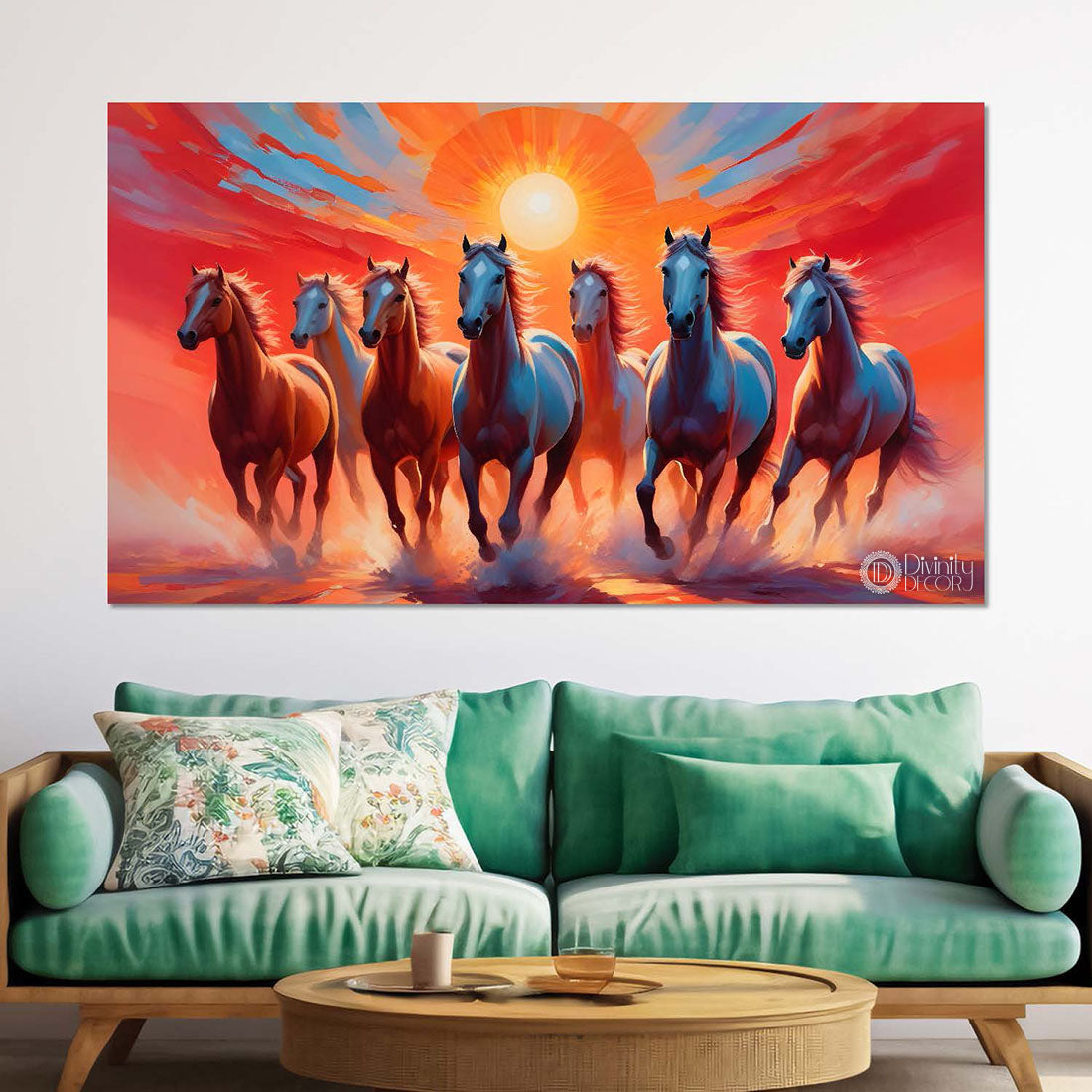 Brown and white horses running on the water with sunrise and red textured background art Canvas Painting - Design - Horse-148