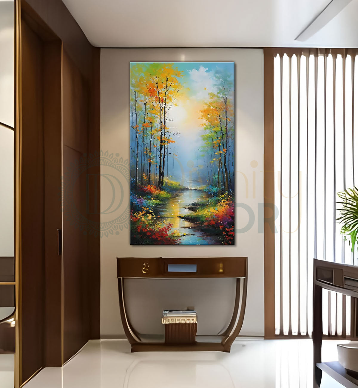 Yellow trees with lake and white mountains textured painting Canvas Painting - Nature Art -V-149