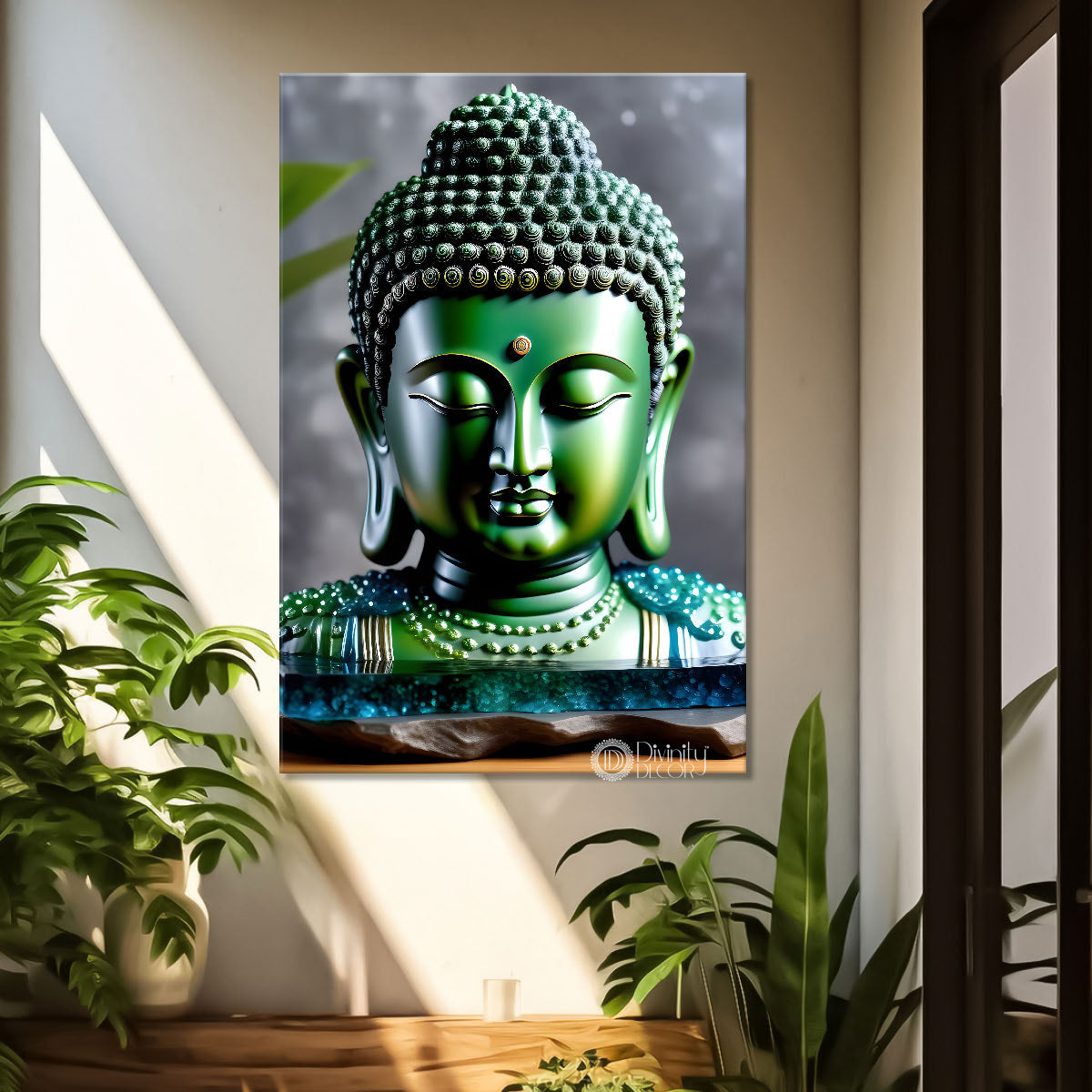 Green textured buddha face in grey background   - Buddha-V-149