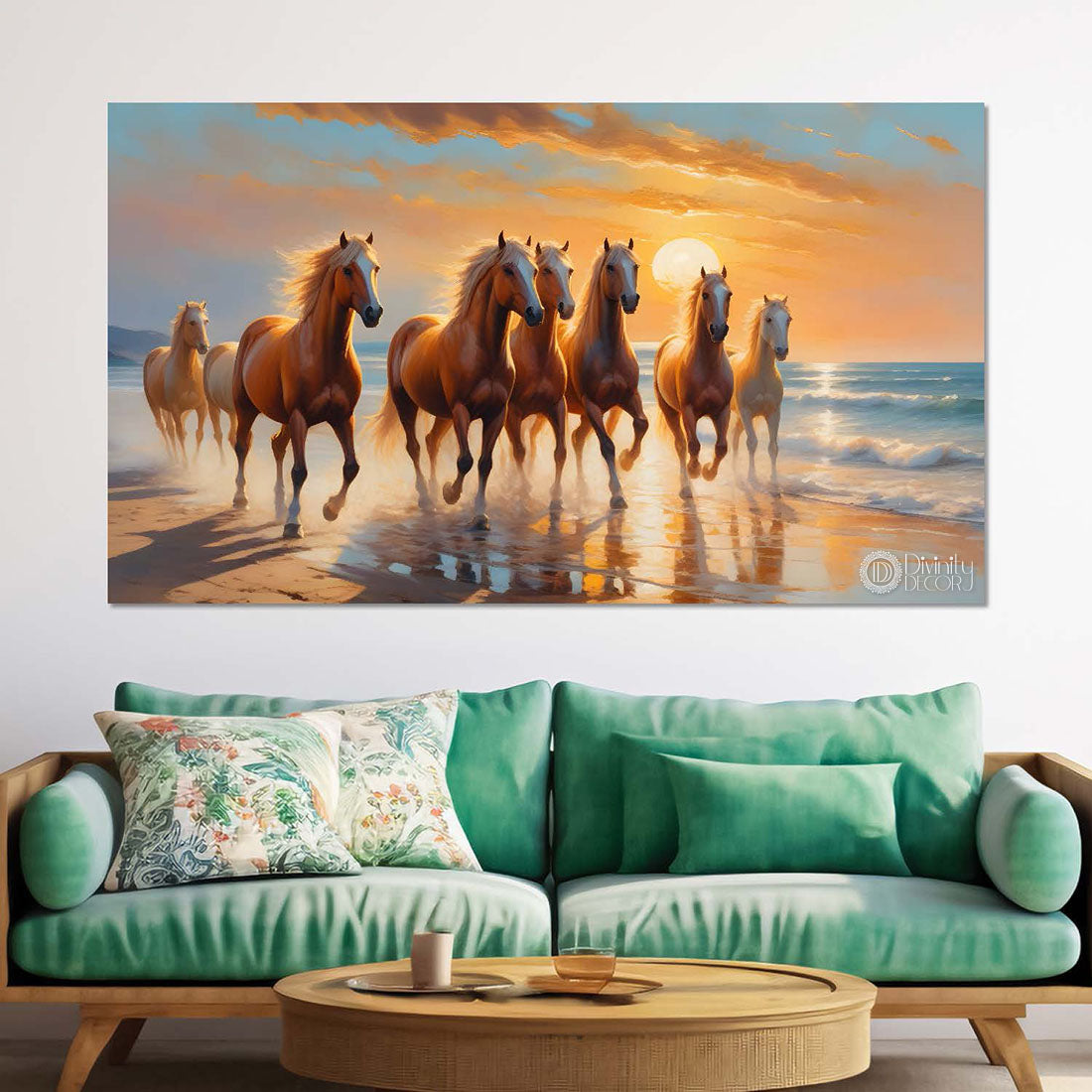 Brown horses running on the water with sunrise textured background art Canvas Painting - Design - Horse-149